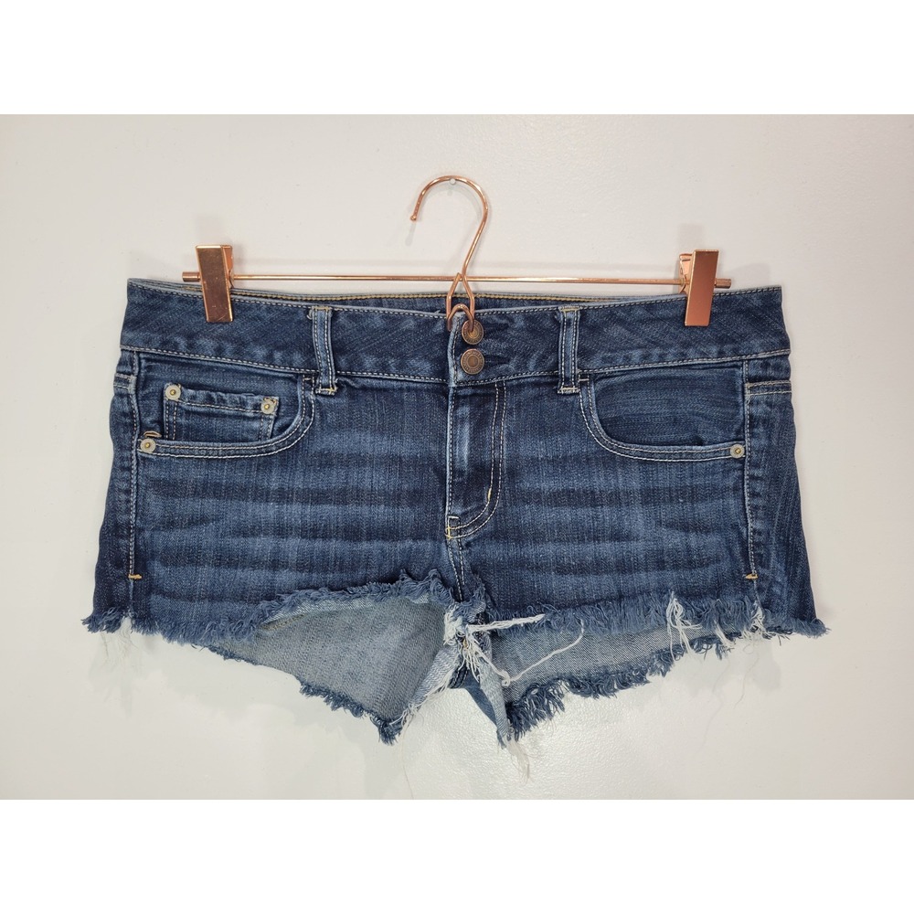 American Eagle Artist Dark Wash Low Rise Cut Off Denim Shorts Size 12 Stretch